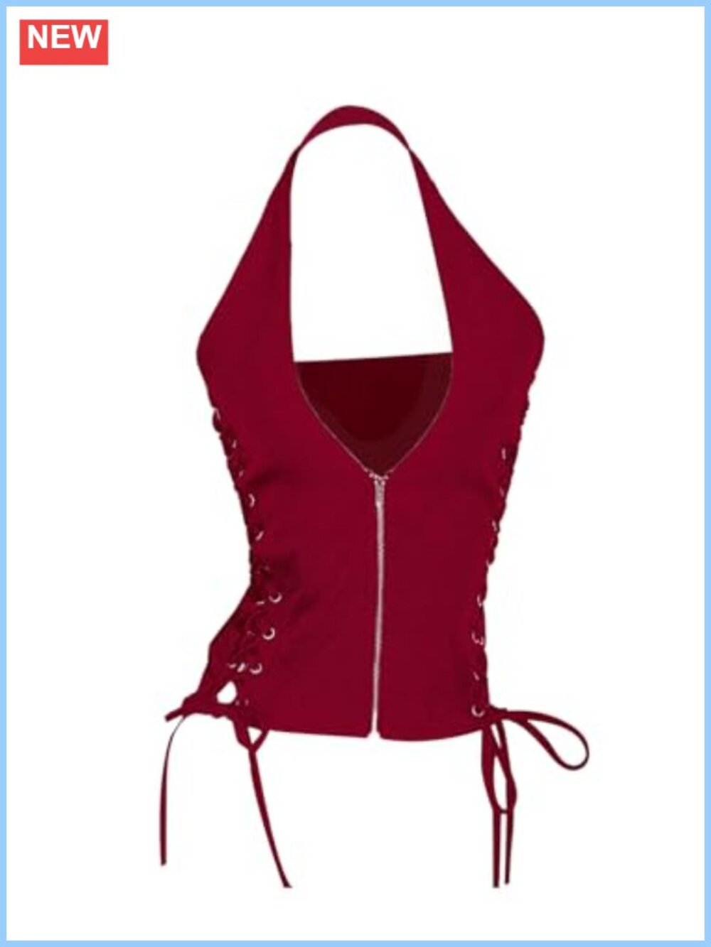 Sleeveless Lace Up Zip Front Halter Top Slim Fit